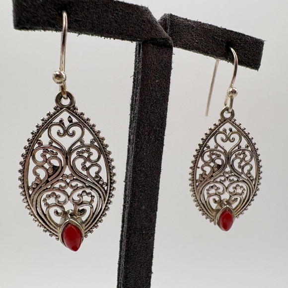 Sterling Silver Red Stone Teardrop Filigree Dangle Drop Earrings Pierced - Picture 1 of 7